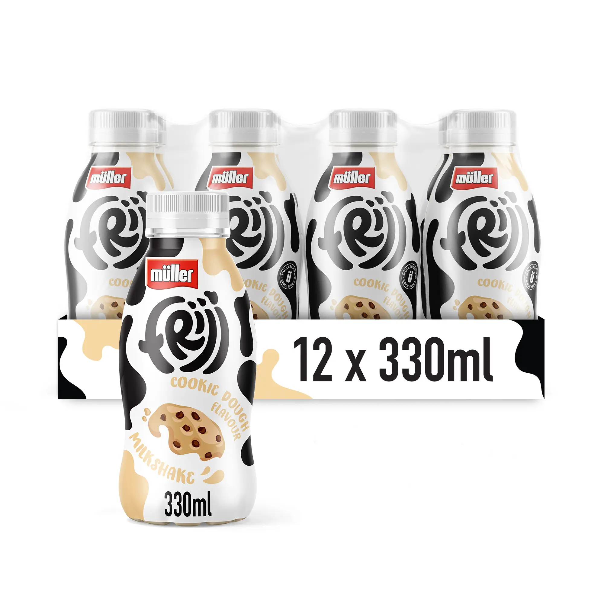 Pack shot of 12 Frijj Cookie Dough milkshakes each 330ml
