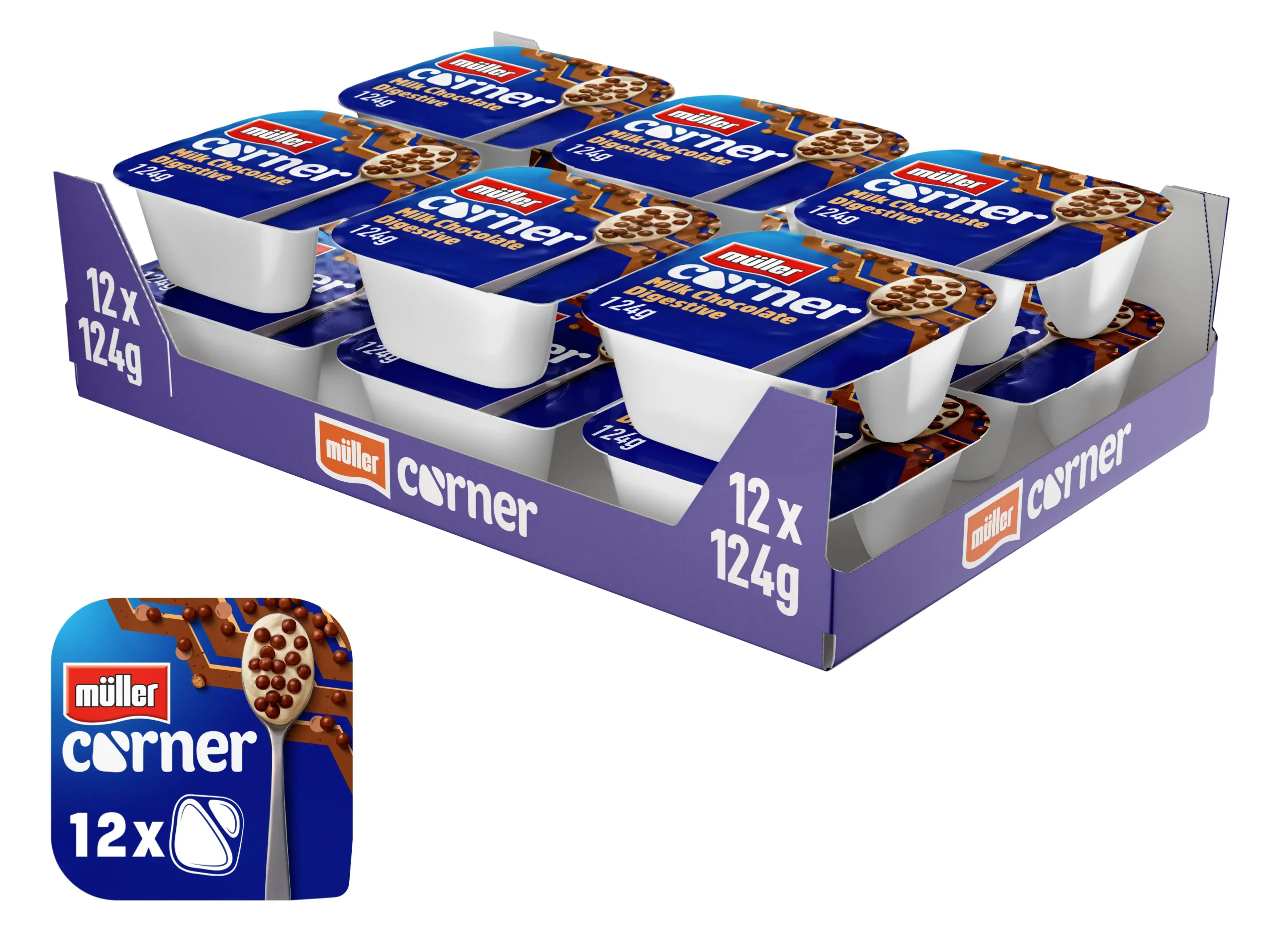 Pack shot of 12 Müller Crunch Corner Milk Chocolate Digestives each 124g