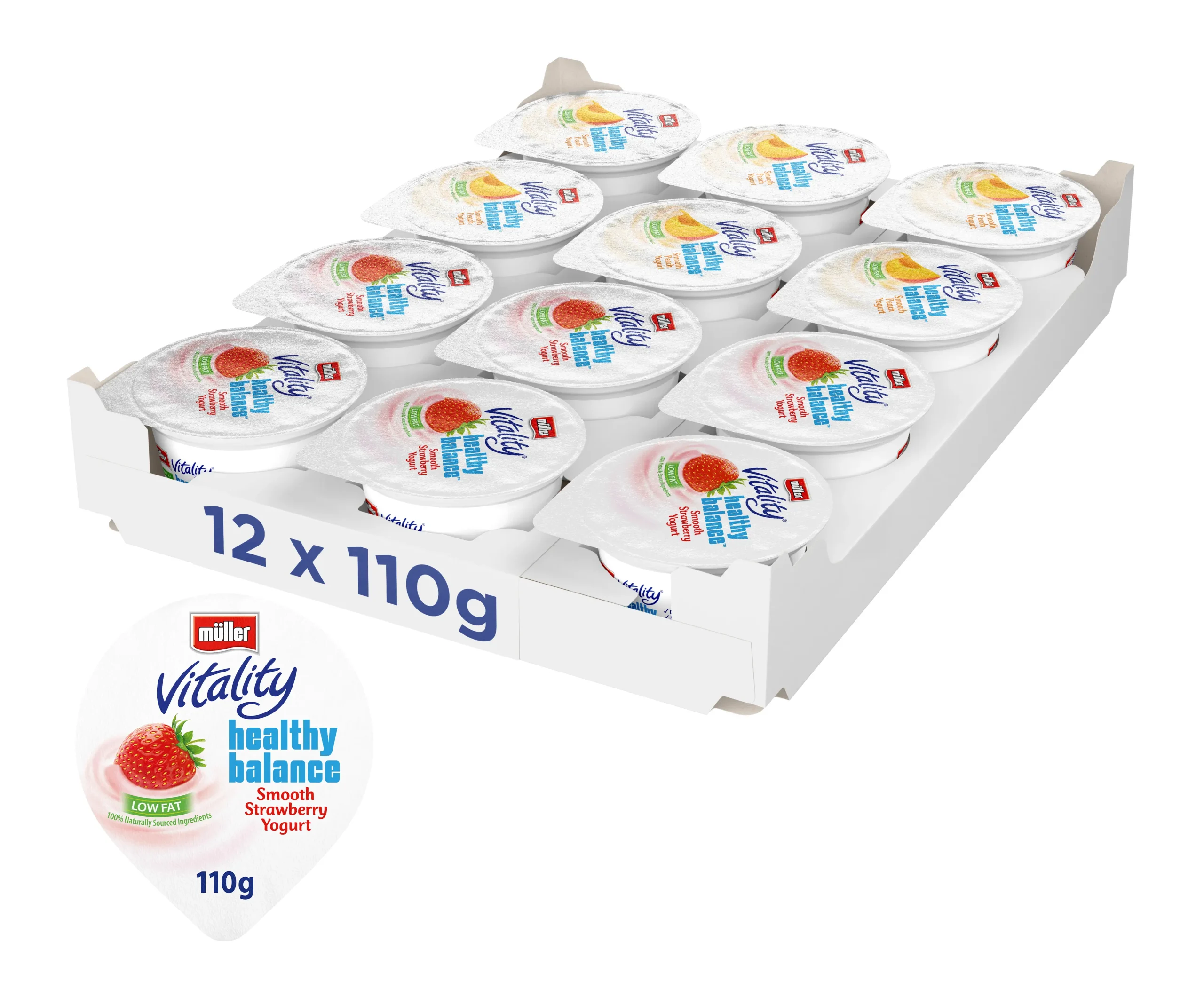 Pack shot of 12 Mixed Müller Vitality Healthy Balance Strawberry and Peach flavour each 110g